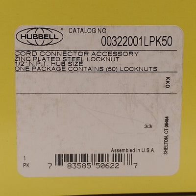 New Hubbell Kellems 00322001LPK50 Zinc-Plated Steel Locknut, 1/2in NPT, 50-Pack