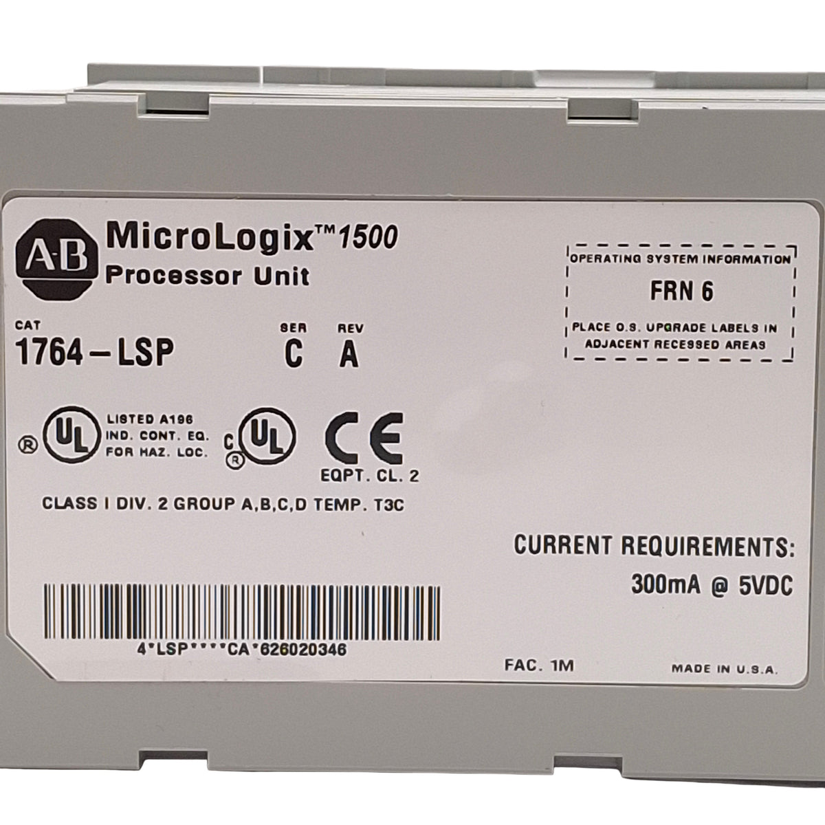 Used Allen Bradley 1764-LSP Ser C Rev A FRN 6 MicroLogix 1500 Processor Unit, 5VDC