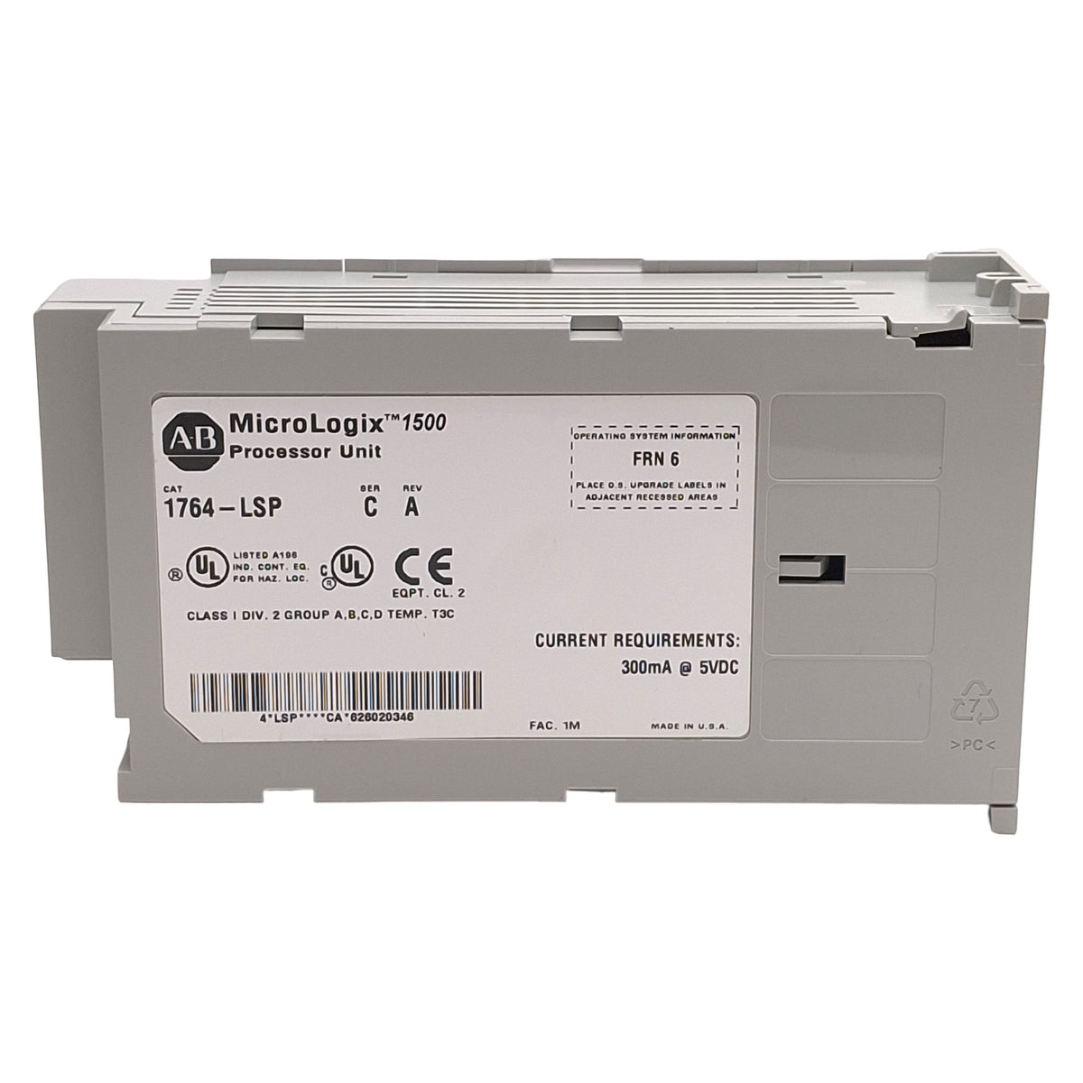 Used Allen Bradley 1764-LSP Ser C Rev A FRN 6 MicroLogix 1500 Processor Unit, 5VDC