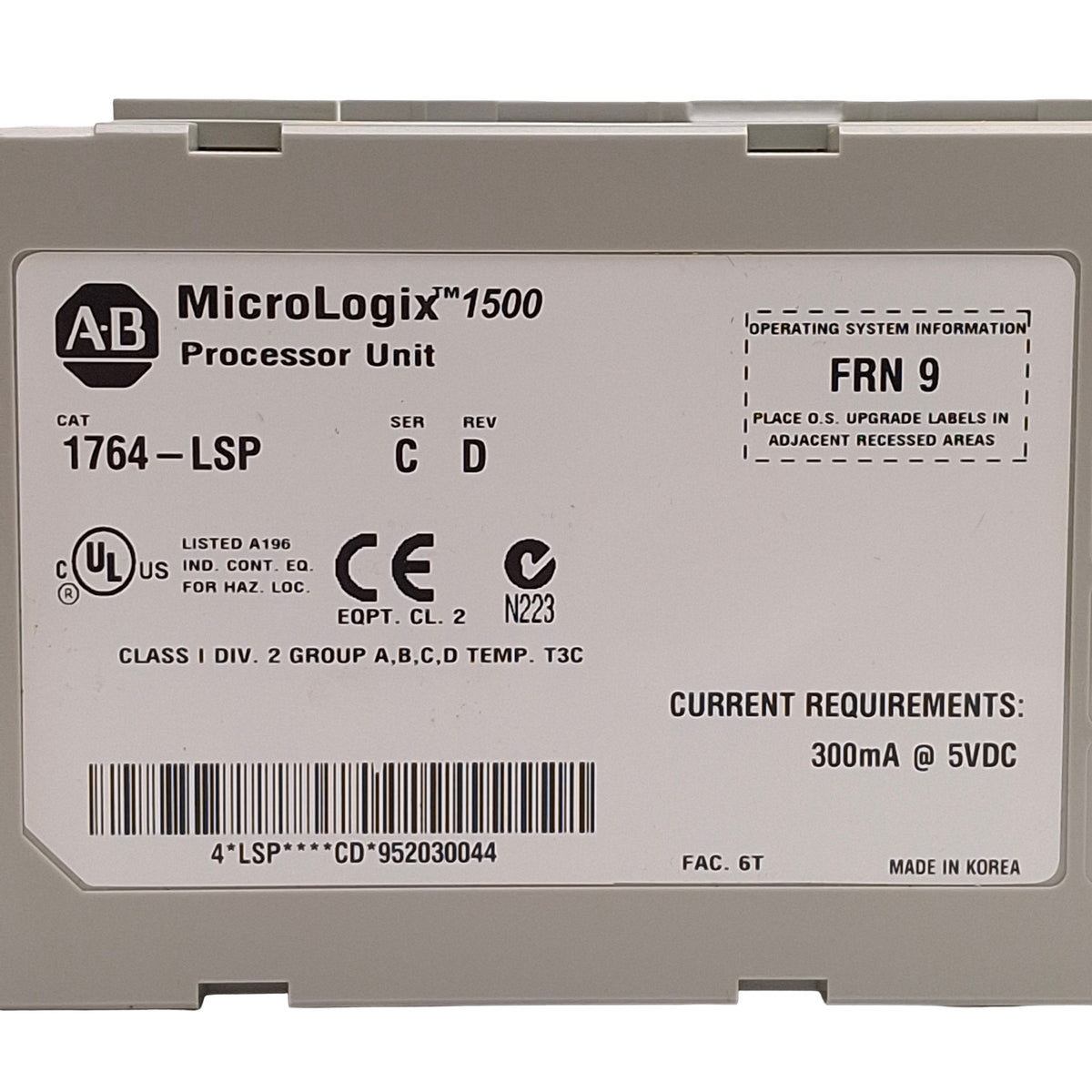 Used Allen Bradley 1764-LSP Ser C Rev D FRN 9 MicroLogix 1500 Processor Unit, 5VDC