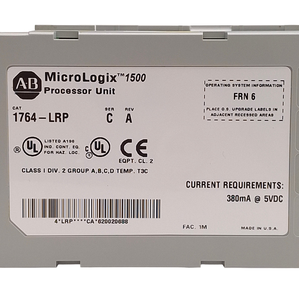 Used Allen Bradley 1764-LRP Ser C Rev A FRN 6 MicroLogix 1500 Processor Unit, DB9