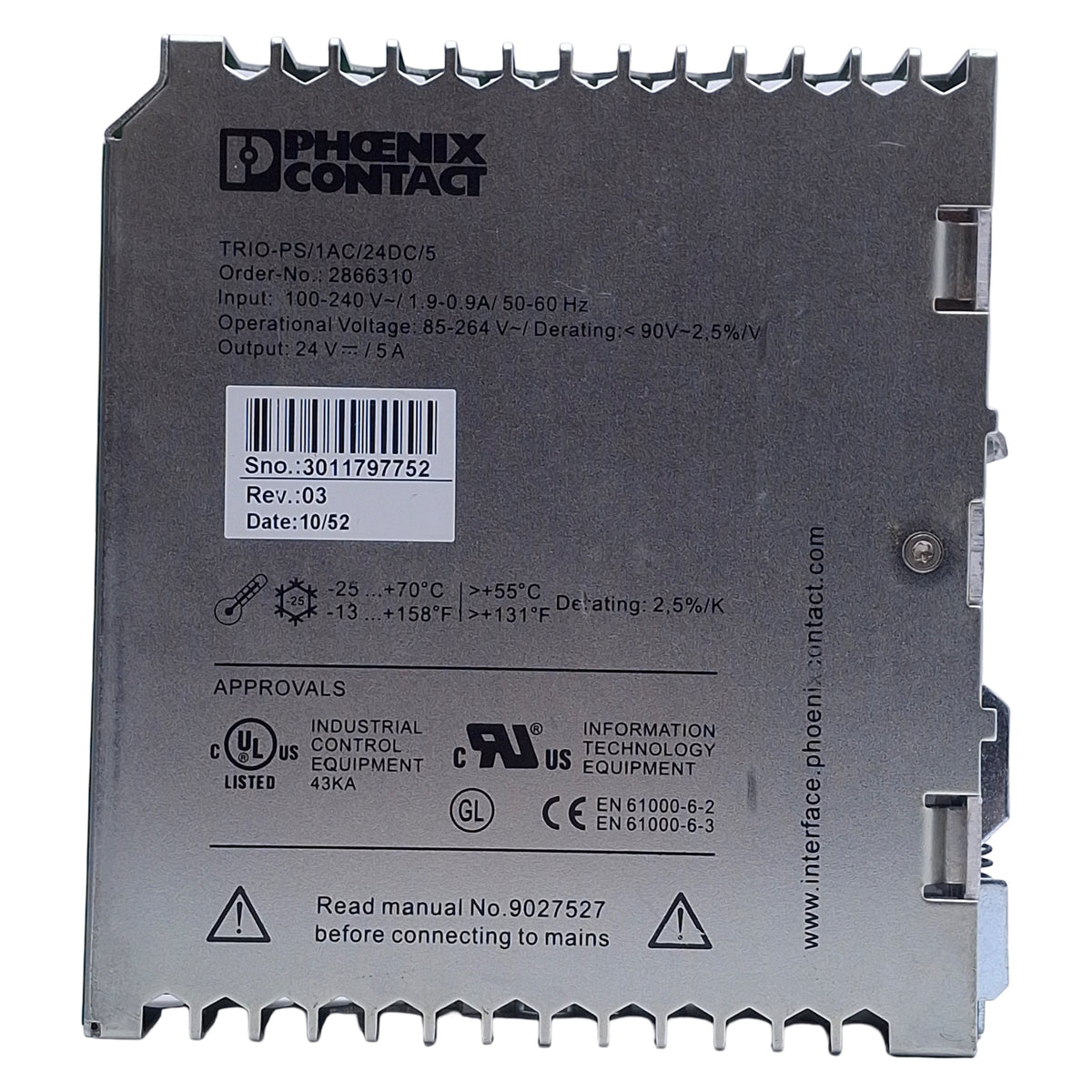 Used Phoenix Contact TRIO-PS/1AC/24DC/5 Power Supply, 100-240VAC Input, 24VDC Output