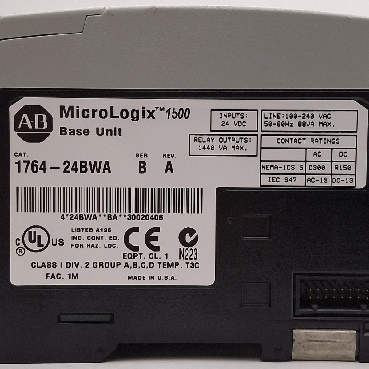 Used Allen Bradley 1764-24BWA Ser B Rev A MicroLogix 1500 Controller Base Unit 24 I/O
