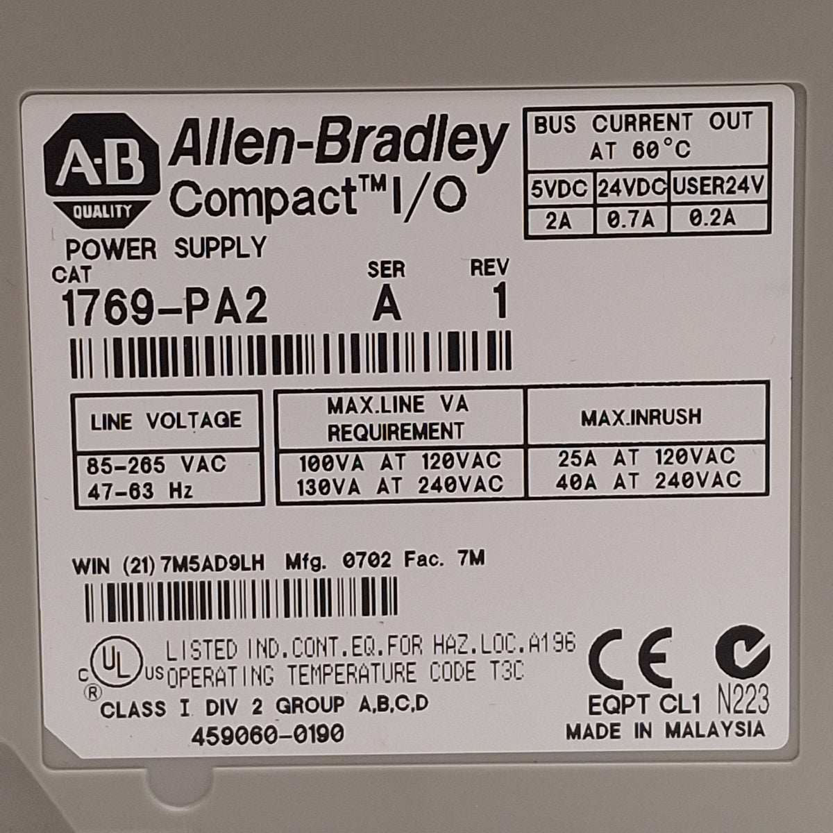 Used Allen Bradley 1769-PA2 CompactLogix Power Supply, 120/240VAC In, 5/24VDC Out