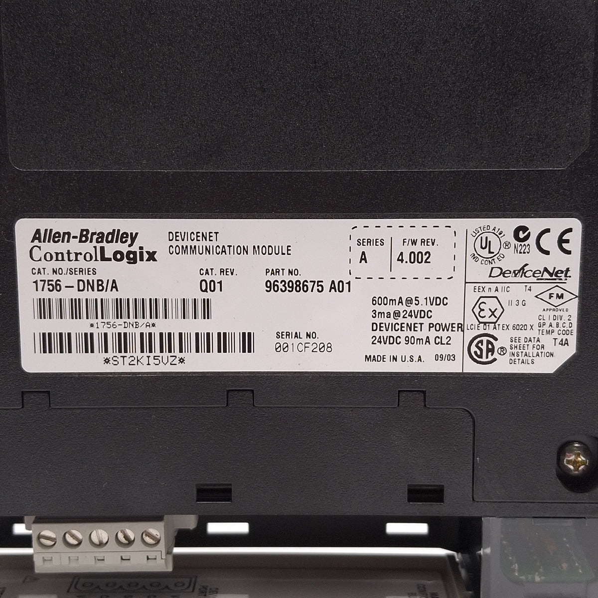 Used Allen Bradley 1756-DNB/A 96398675 A01 ControlLogix DeviceNet Module, 24VDC