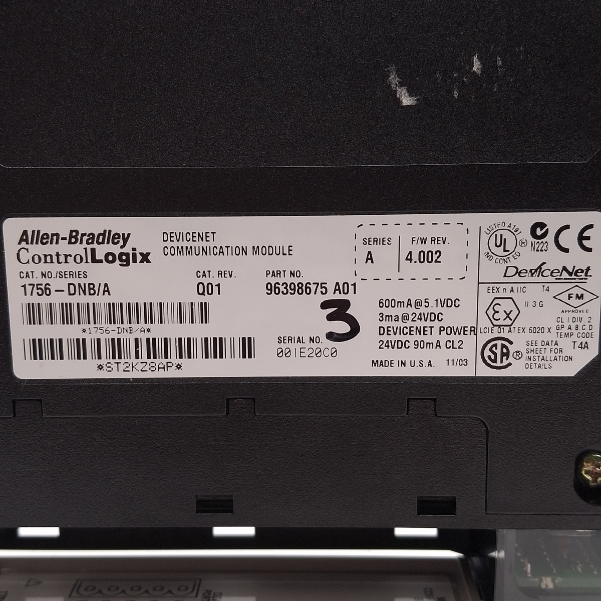 Used Allen Bradley 1756-DNB/A 96398675 A01 ControlLogix DeviceNet Module *Door Hinge*