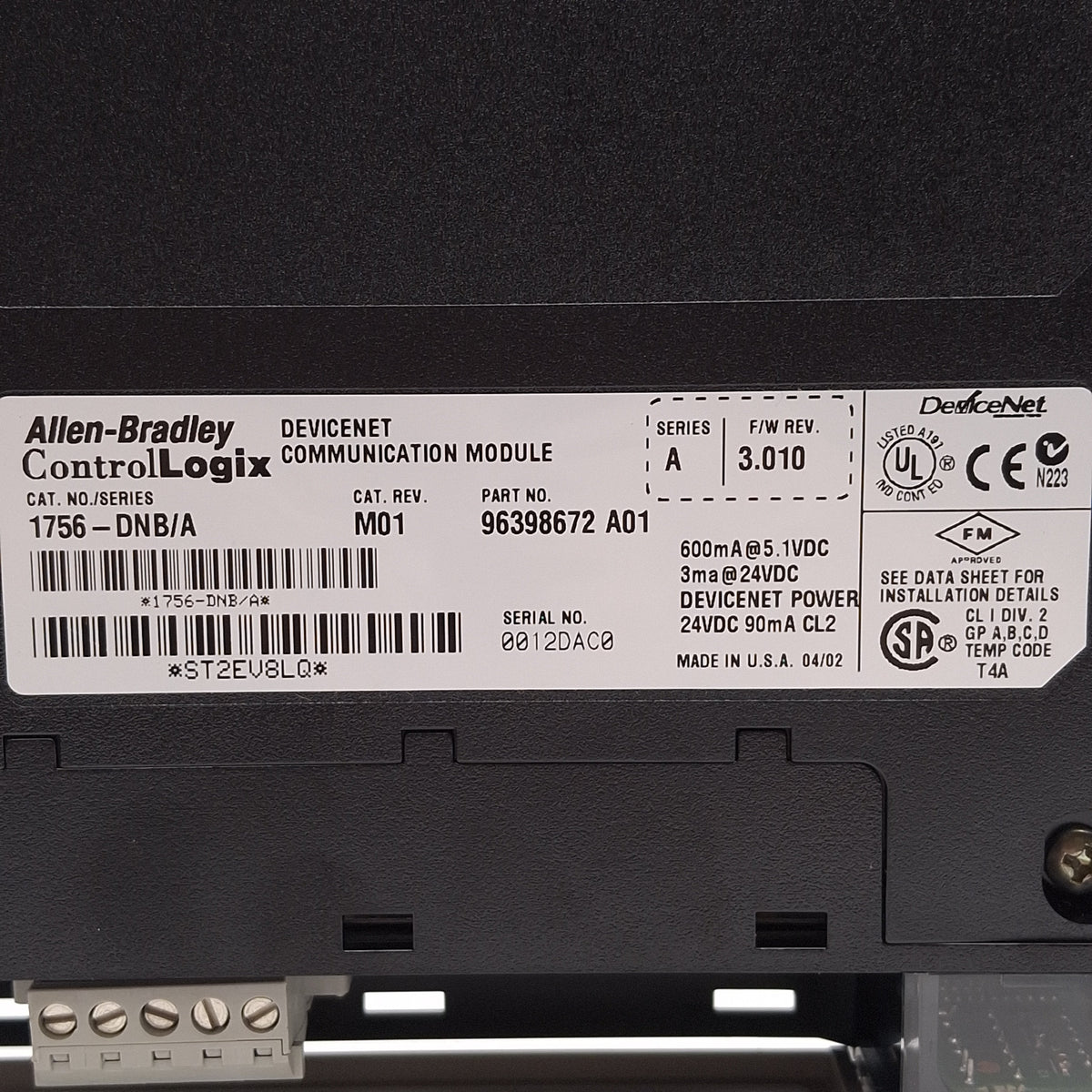 Used Allen Bradley 1756-DNB/A 96398672 A01 ControlLogix DeviceNet Module, 24VDC