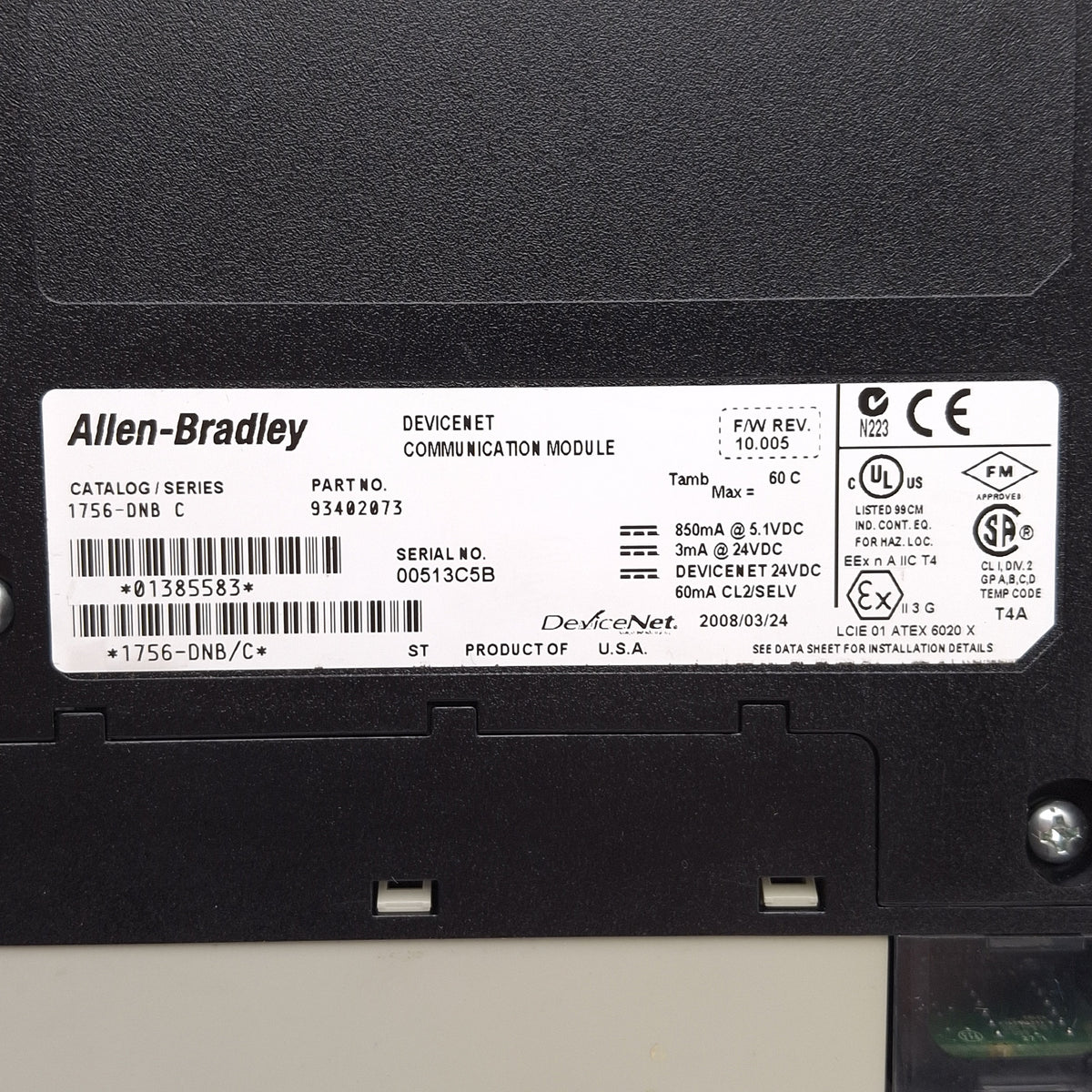 Used Allen Bradley 1756-DNB/C 93402073 ControlLogix DeviceNet Communication Module