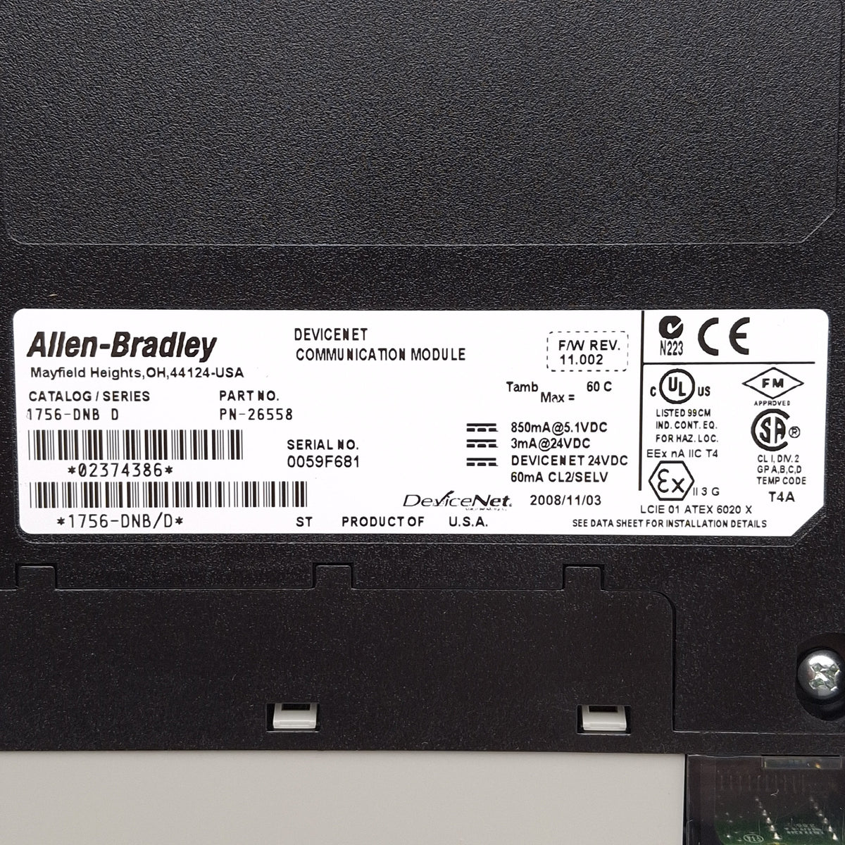 Used Allen Bradley 1756-DNB/D 26558 ControlLogix DeviceNet Communication Module 24VDC