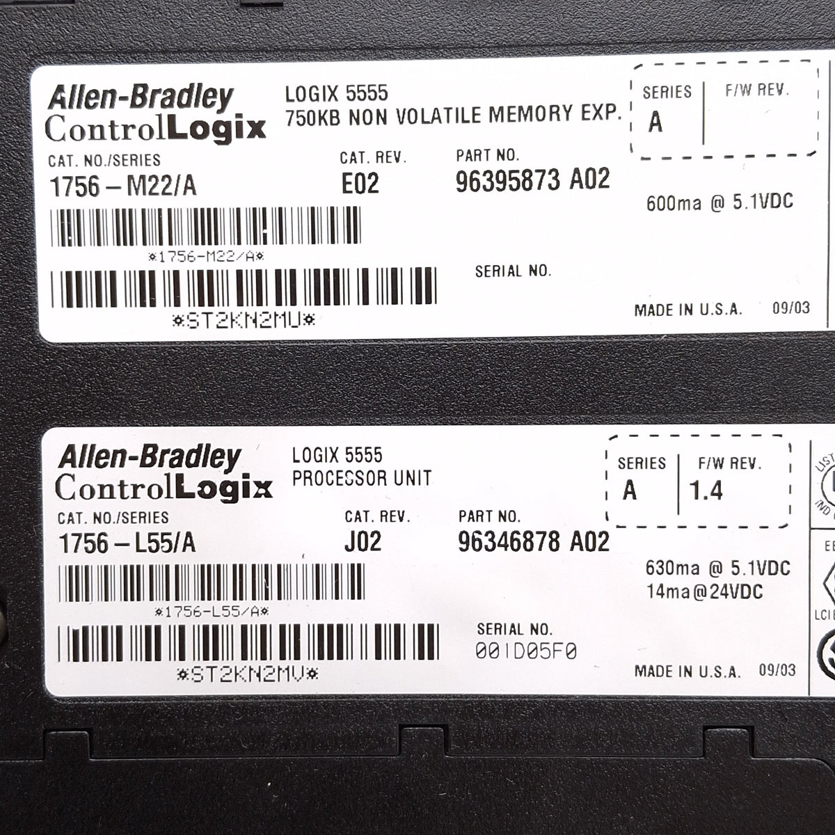 Used Allen Bradley 1756-L55/A + 1756-M22/A Logix 5555 Processor + Memory Expansion