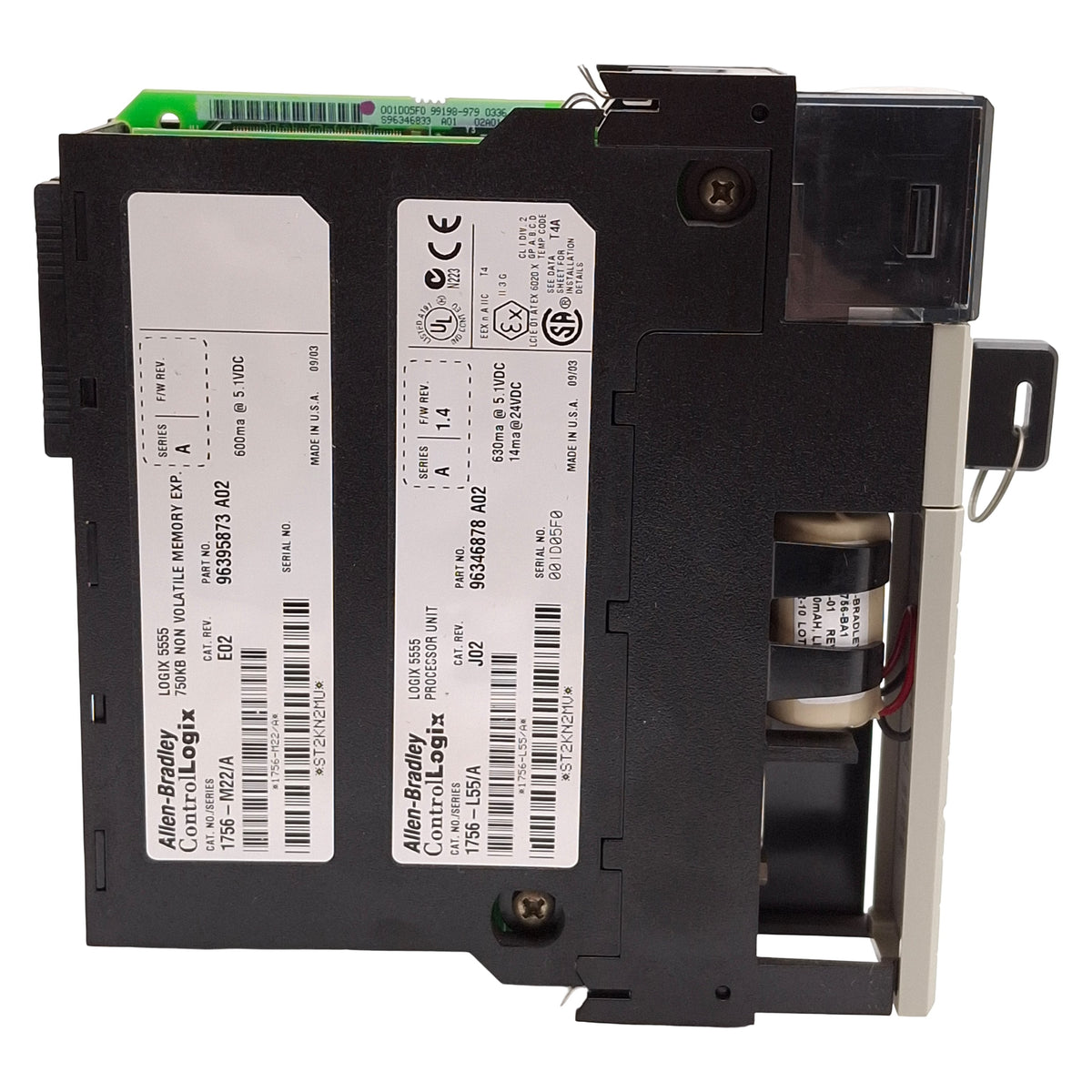Used Allen Bradley 1756-L55/A + 1756-M22/A Logix 5555 Processor + Memory Expansion
