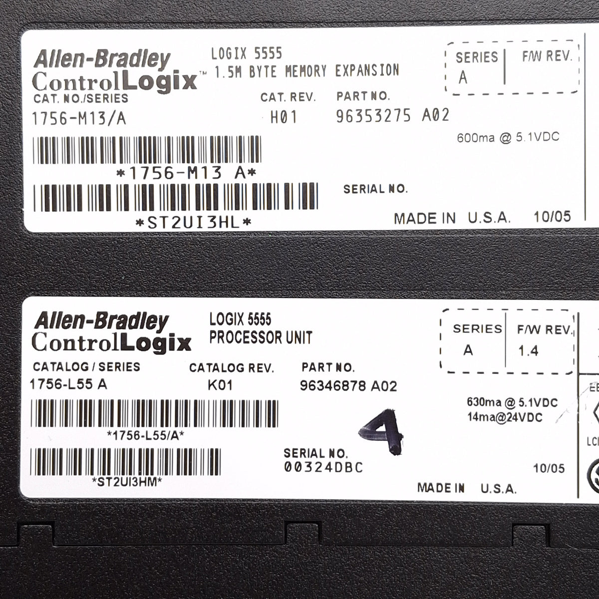 Used Allen Bradley 1756-L55/A + 1756-M13/A Logix 5555 Processor + Memory Expansion