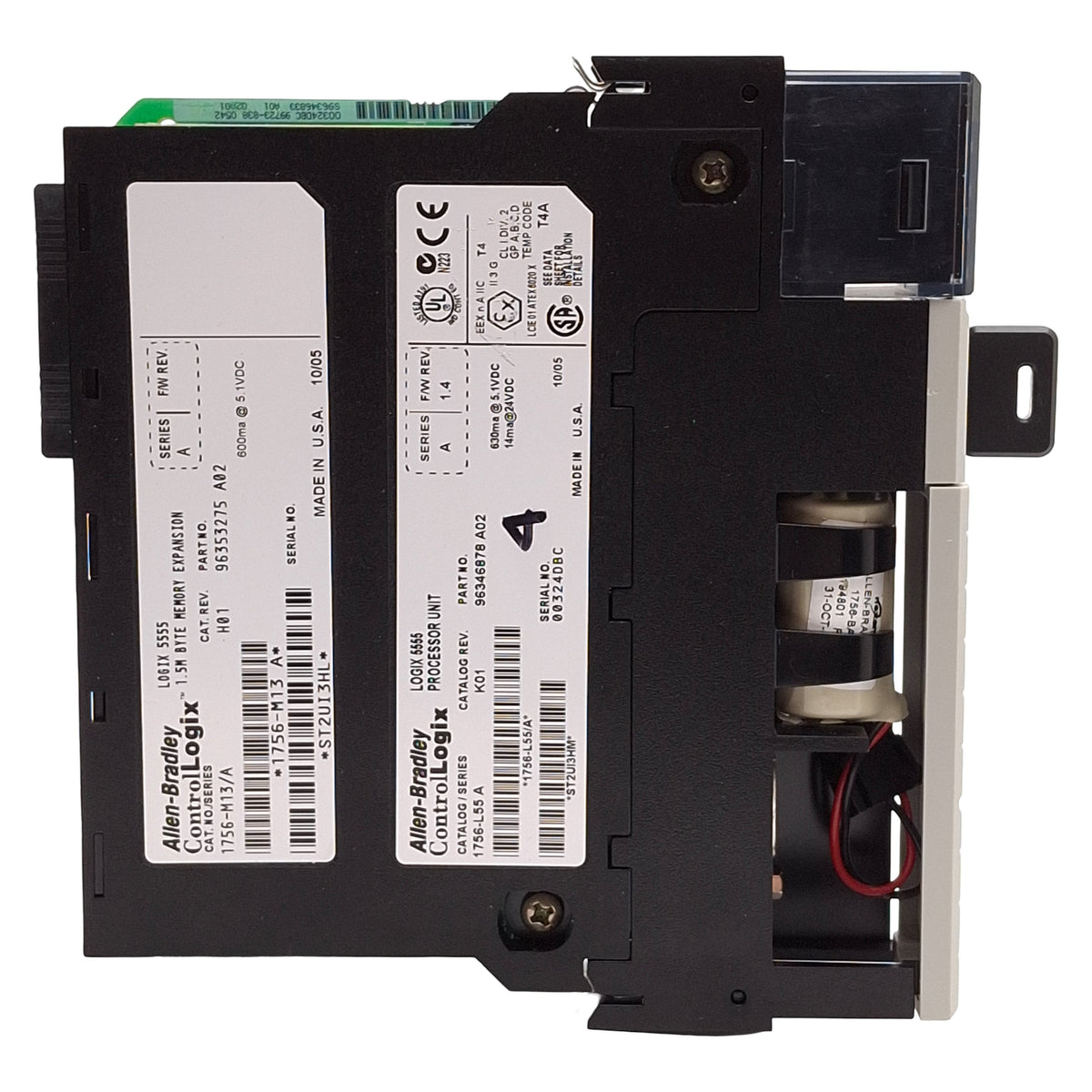 Used Allen Bradley 1756-L55/A + 1756-M13/A Logix 5555 Processor + Memory Expansion