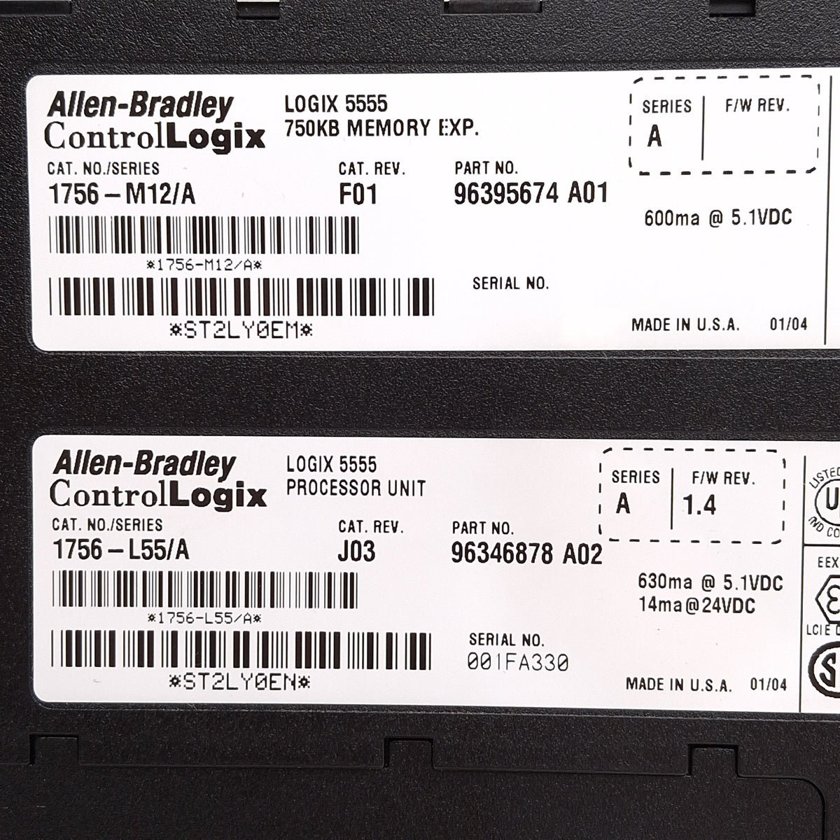 Used Allen Bradley 1756-L55/A + 1756-M12/A Logix 5555 Processor + Memory Expansion