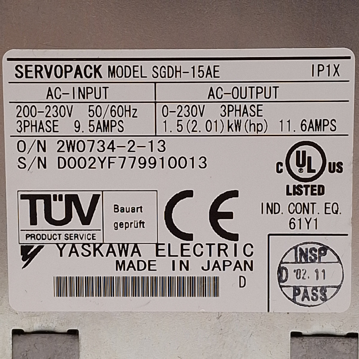 Used Yaskawa SGDH-15AE Sigma-II Servopack, 1.5kW, 3Ø 0-230VAC Out, 3Ø 200-230VAC In