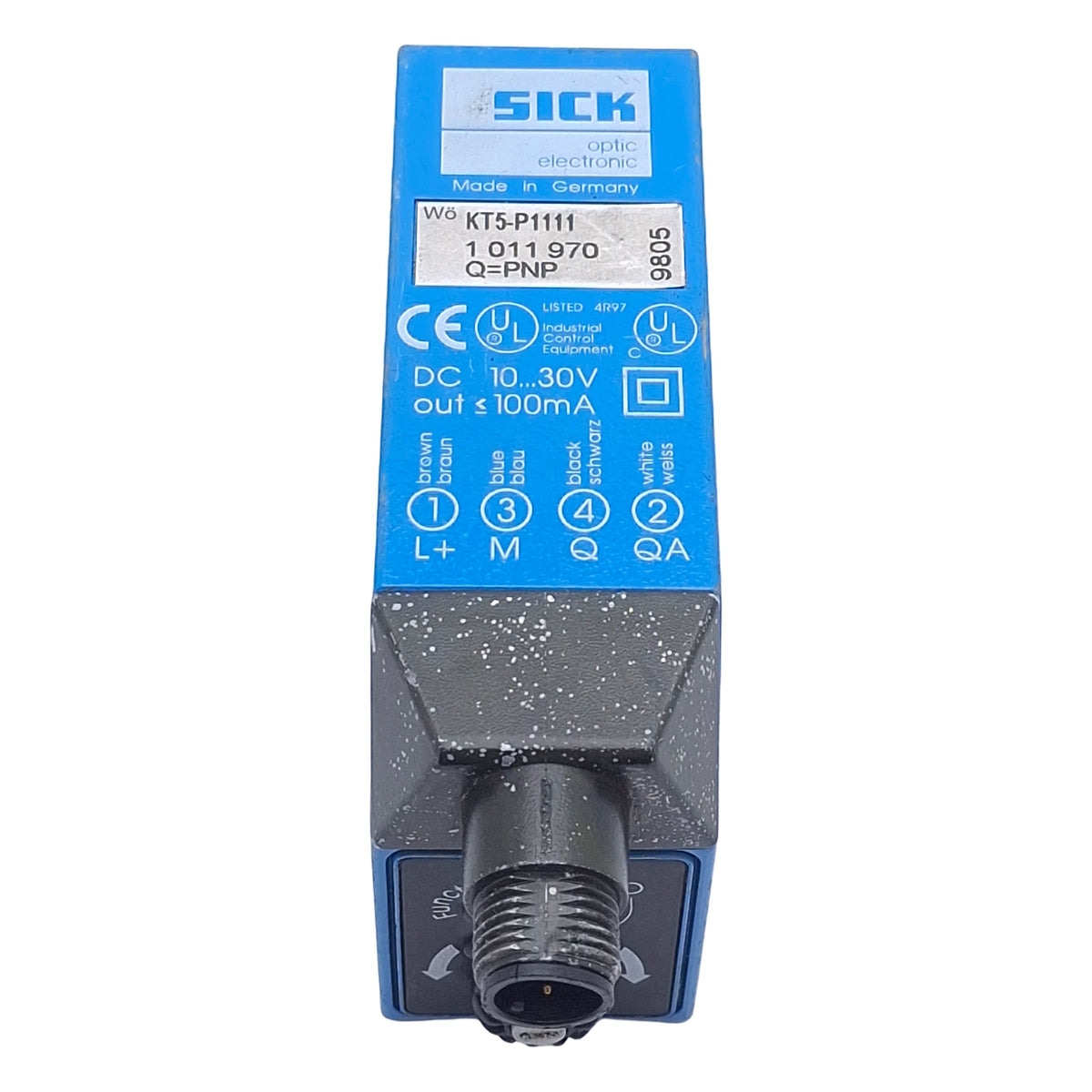 Used Sick KT5-P1111 Photoelectric Contrast Sensor, PNP, 10mm Range, 10-30VDC, 4-P M12