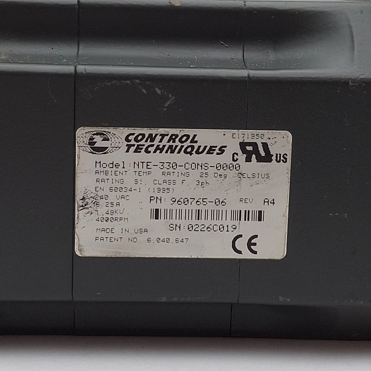 Used Control Techniques NTE-330-CONS-0000 Servo Motor, 3in Frame, 230VAC, 31.5 lb-in