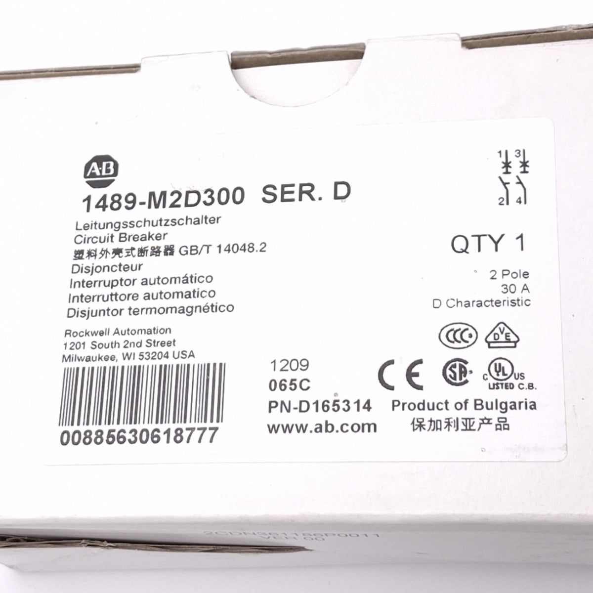 New Allen Bradley 1489-M2D300 Circuit Breaker, 2-Pole 30A, 480Y/277VAC, D-Curve