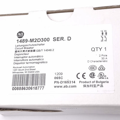 New Allen Bradley 1489-M2D300 Circuit Breaker, 2-Pole 30A, 480Y/277VAC, D-Curve