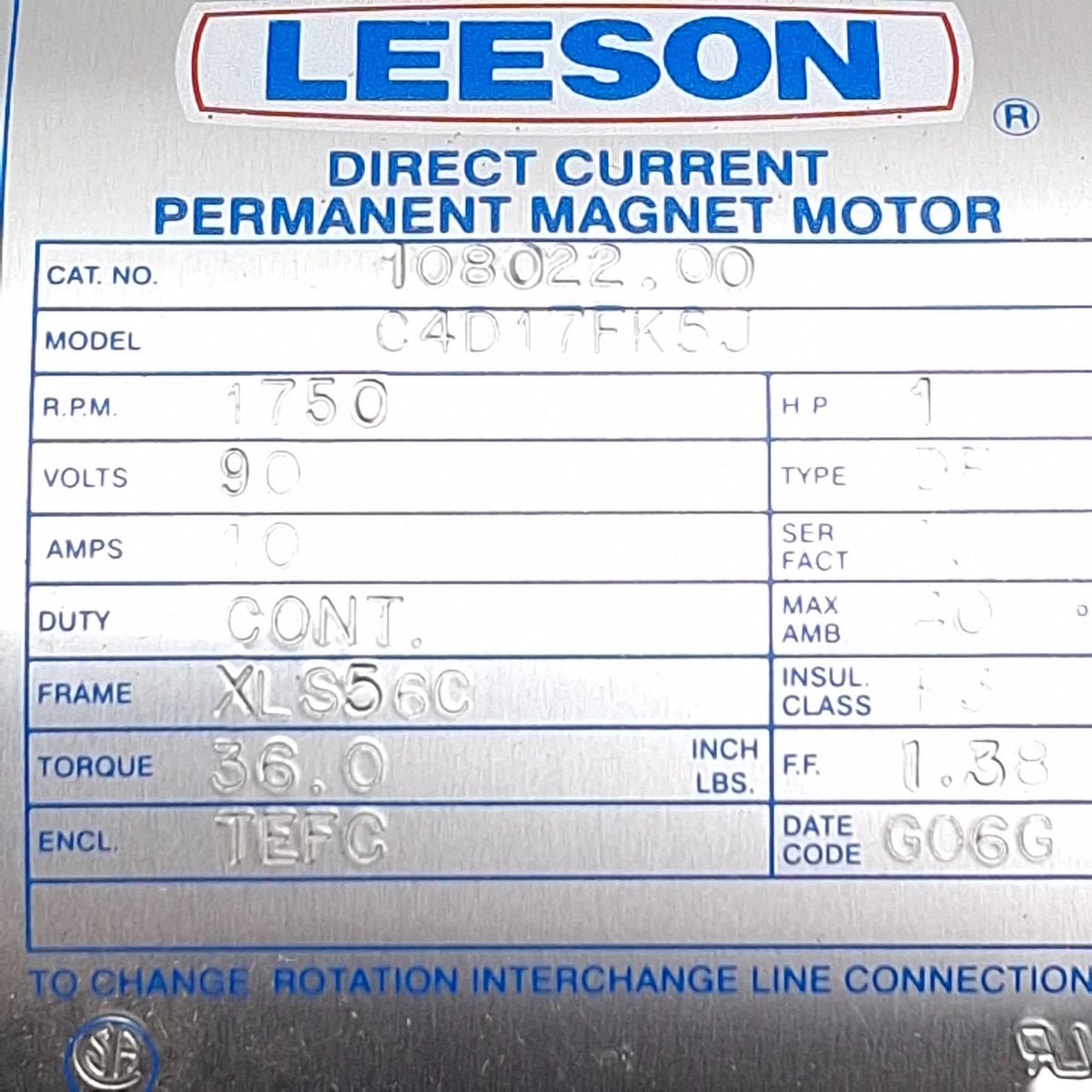 New – Open box Leeson 108022.00 DC Motor, 1HP, 90VDC, 1750RPM, S56C Frame, ø5/8in Shaft