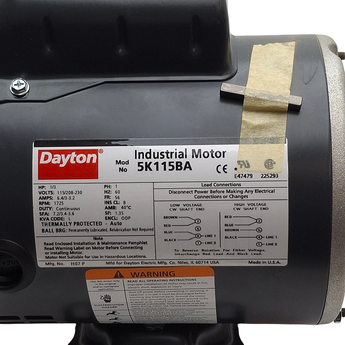 New – Open box Dayton 5K115BA General Purpose Motor 1/3HP 1725RPM, 115/208-230VAC 1PH, 56 Frame