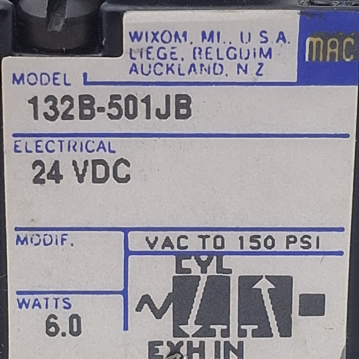 Used Mac 132B-501JB Solenoid Valve, 3/2-Way NO-NC, 1/8in NPT, Vac-150psi, 24VDC Coil