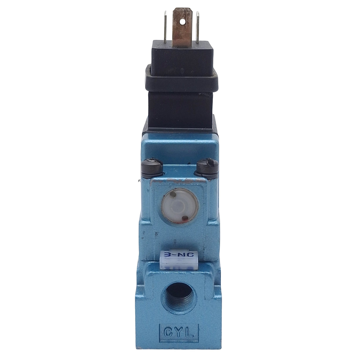 Used Mac 132B-501JB Solenoid Valve, 3/2-Way NO-NC, 1/8in NPT, Vac-150psi, 24VDC Coil