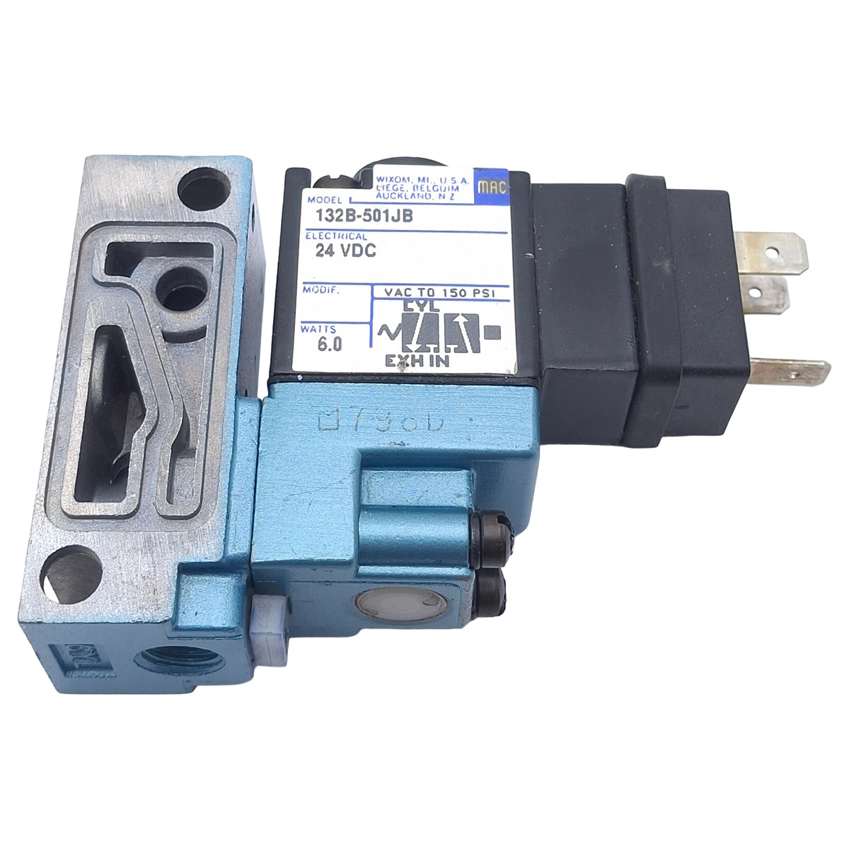 Used Mac 132B-501JB Solenoid Valve, 3/2-Way NO-NC, 1/8in NPT, Vac-150psi, 24VDC Coil