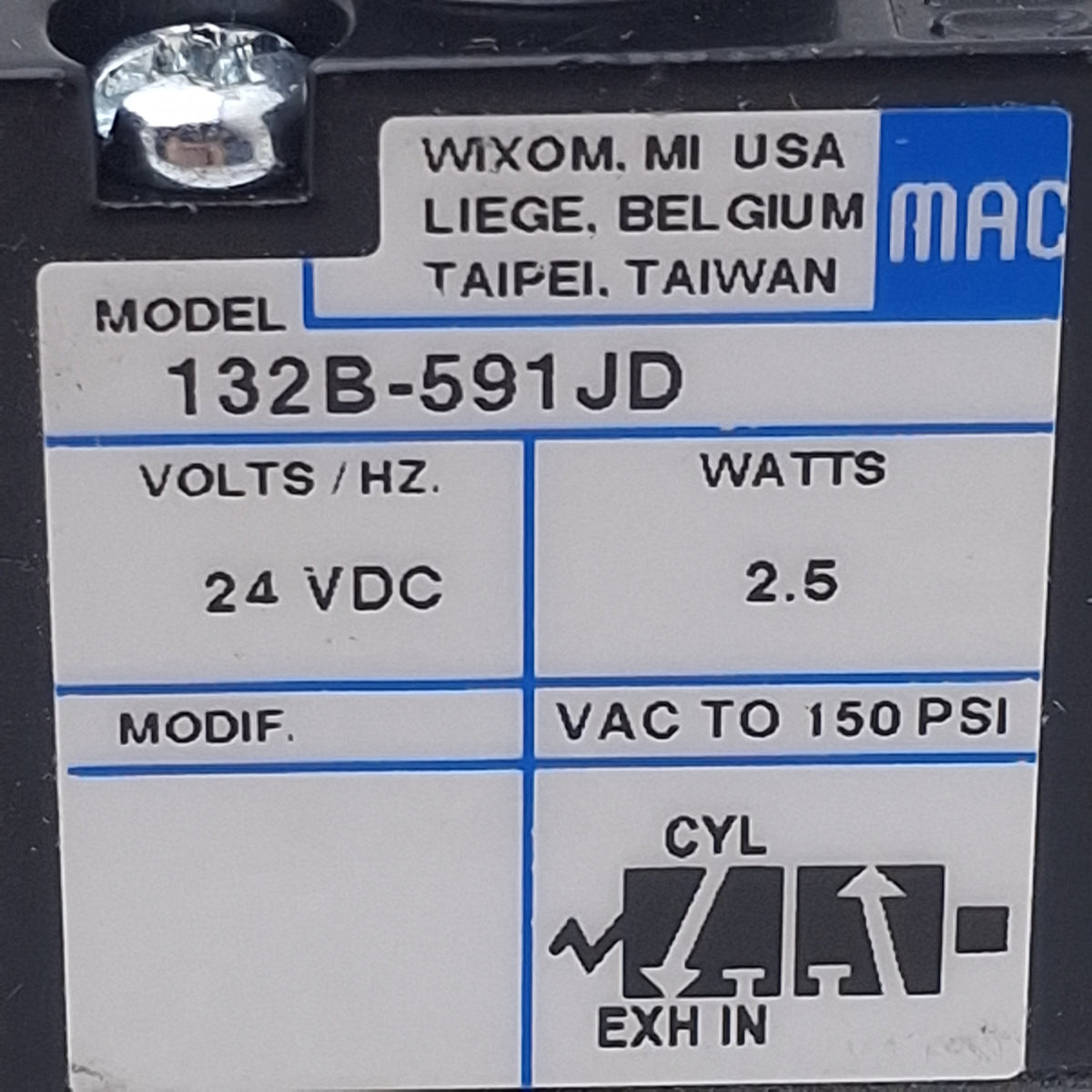 Used Mac 132B-591JD Solenoid Valve, 3/2-Way NO-NC, 1/8in NPT, Vac-150psi, 24VDC Coil