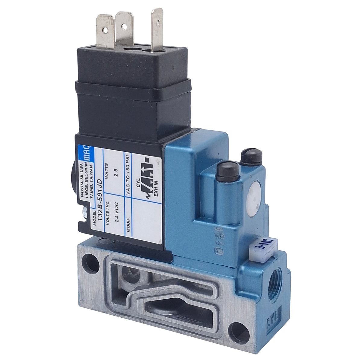 Used Mac 132B-591JD Solenoid Valve, 3/2-Way NO-NC, 1/8in NPT, Vac-150psi, 24VDC Coil