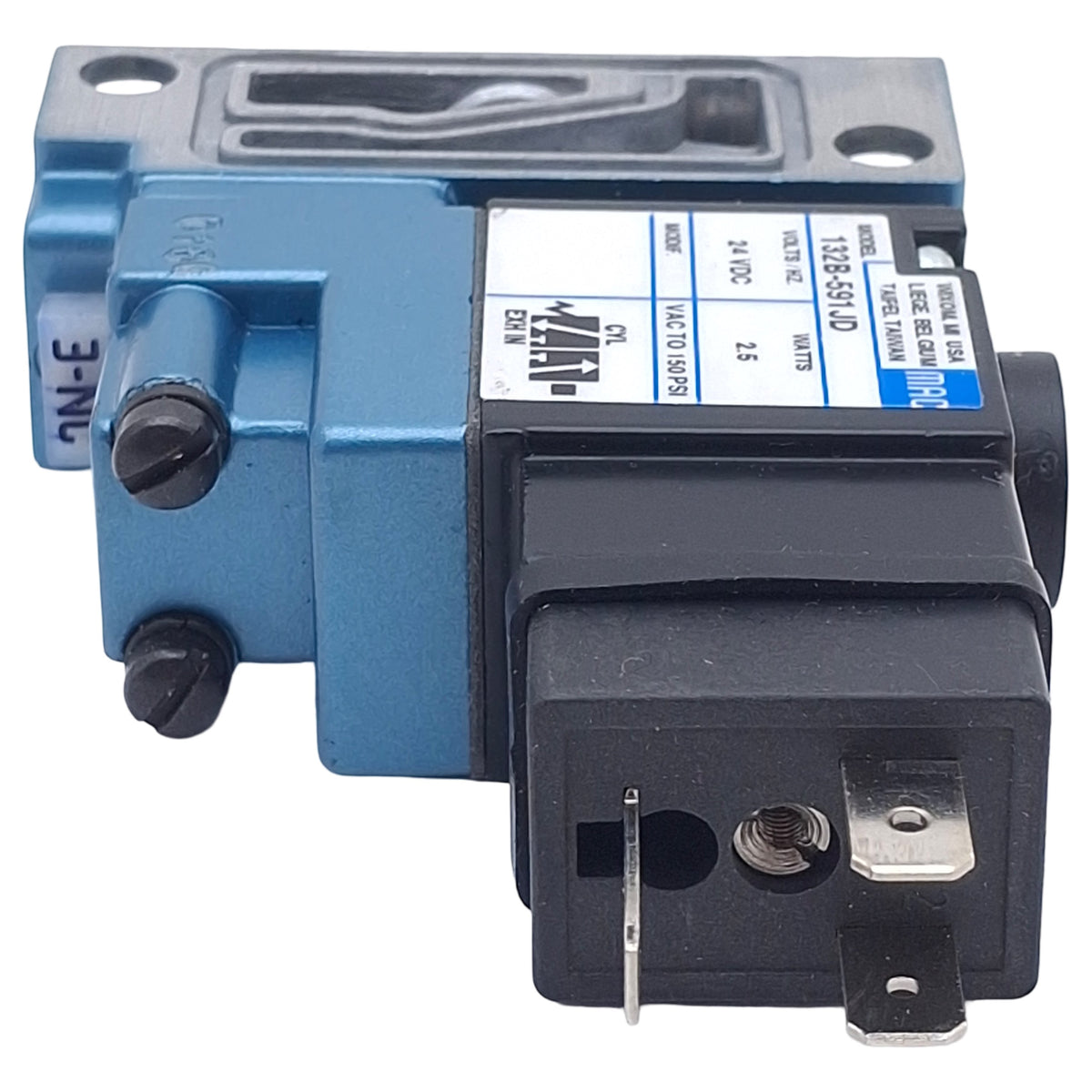 Used Mac 132B-591JD Solenoid Valve, 3/2-Way NO-NC, 1/8in NPT, Vac-150psi, 24VDC Coil