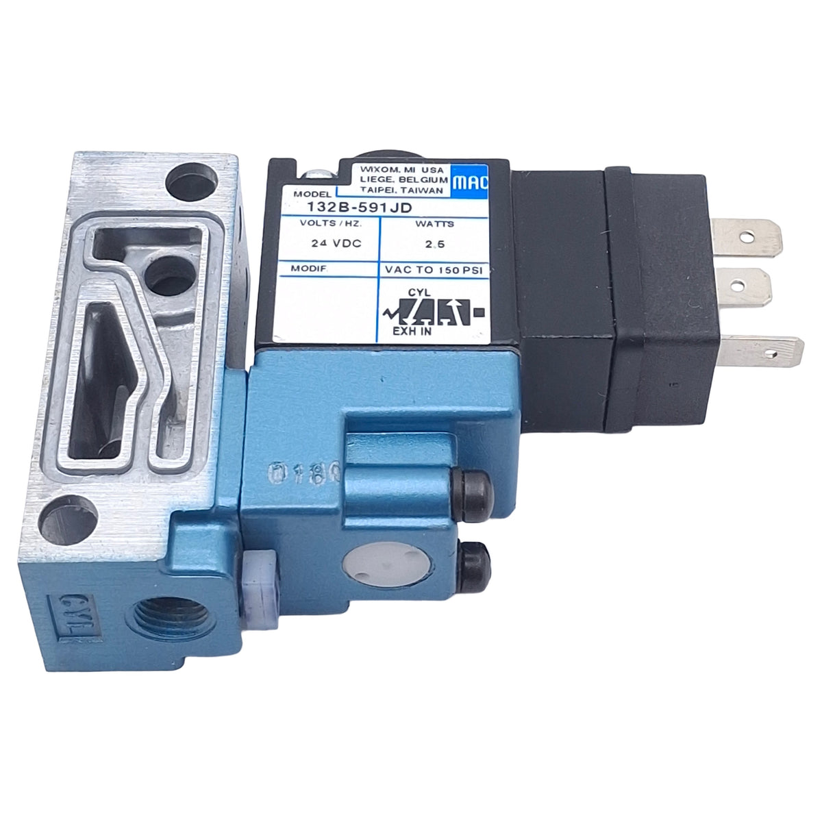 Used Mac 132B-591JD Solenoid Valve, 3/2-Way NO-NC, 1/8in NPT, Vac-150psi, 24VDC Coil