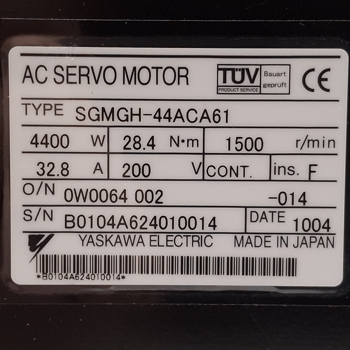 Used Yaskawa SGMGH-44ACA61 Servo Motor, 4.4kW, 3Ø 200VAC 32.8A, 1500rpm, 180mm Flange