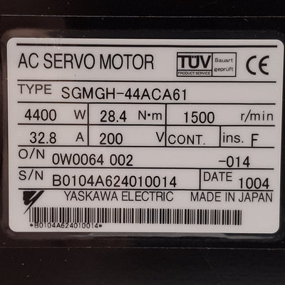 Used Yaskawa SGMGH-44ACA61 Servo Motor, 4.4kW, 3Ø 200VAC 32.8A, 1500rpm, 180mm Flange