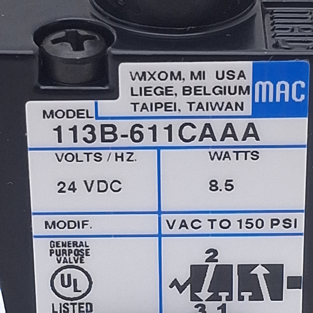 Used Mac 113B-611CAAA Solenoid Valve, 3/2 NO-NC, 1/4in NPT, Vac-150psi, 24VDC Coil