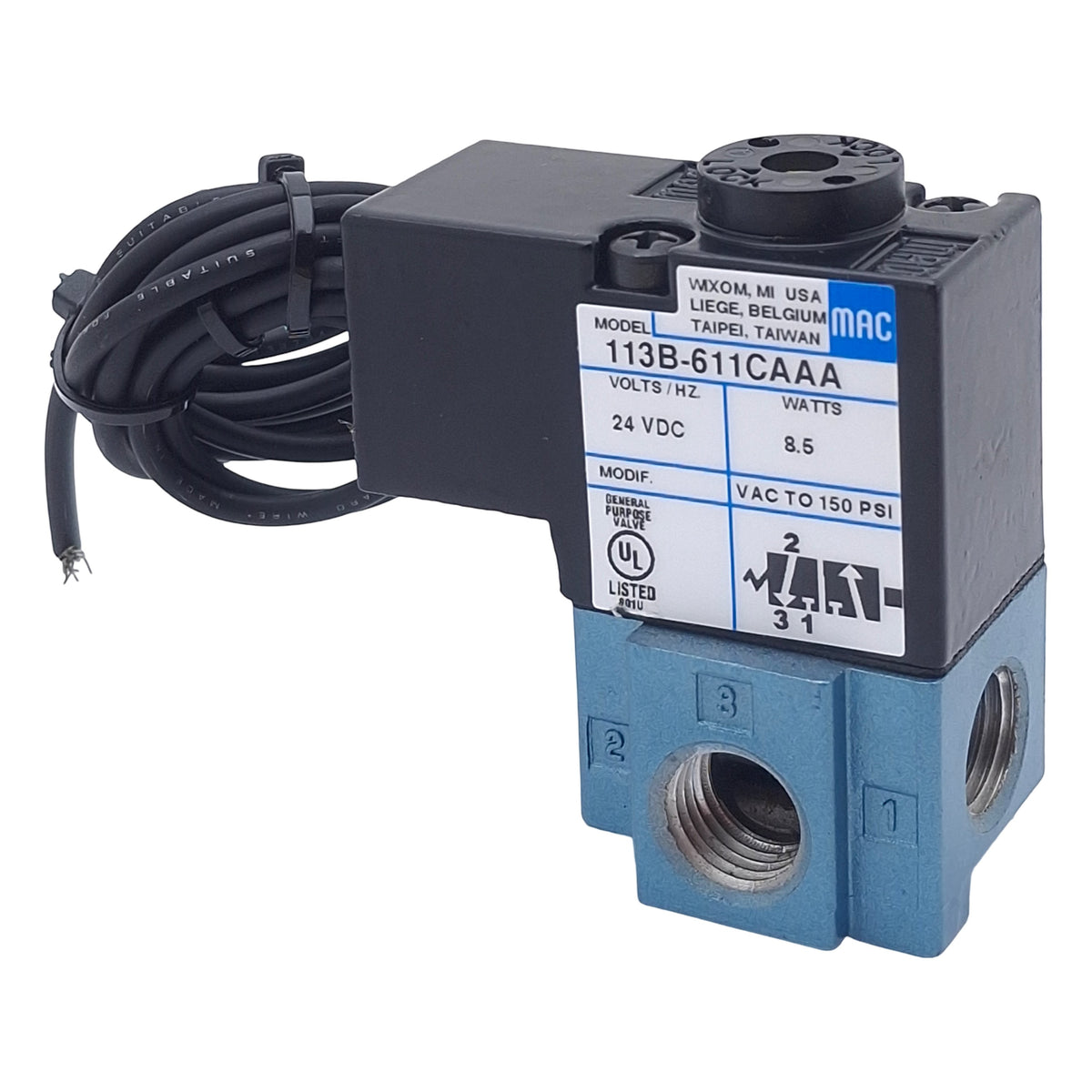Used Mac 113B-611CAAA Solenoid Valve, 3/2 NO-NC, 1/4in NPT, Vac-150psi, 24VDC Coil
