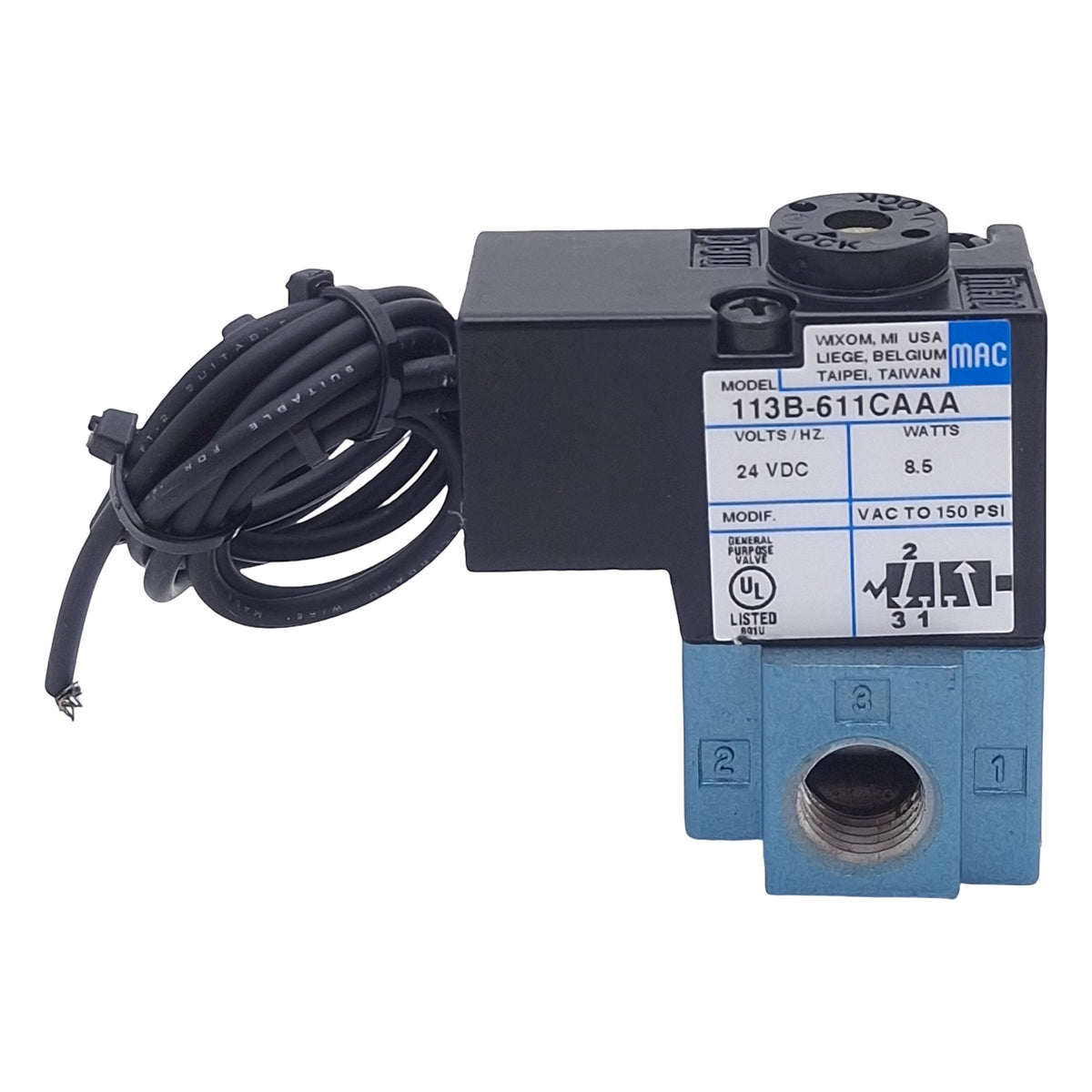 Used Mac 113B-611CAAA Solenoid Valve, 3/2 NO-NC, 1/4in NPT, Vac-150psi, 24VDC Coil