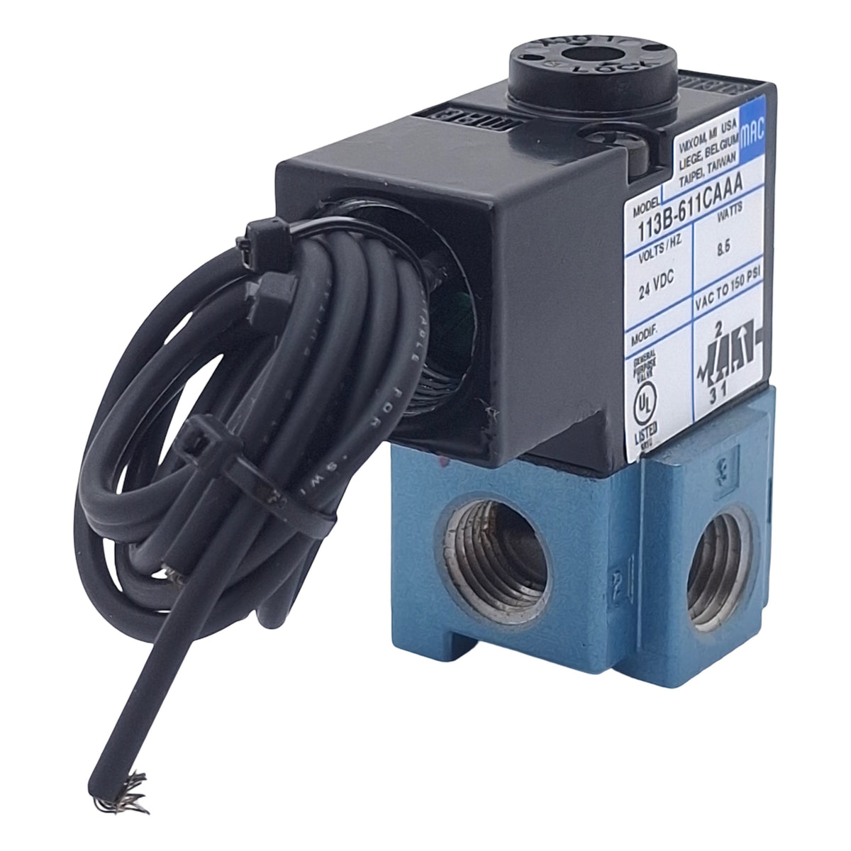 Used Mac 113B-611CAAA Solenoid Valve, 3/2 NO-NC, 1/4in NPT, Vac-150psi, 24VDC Coil