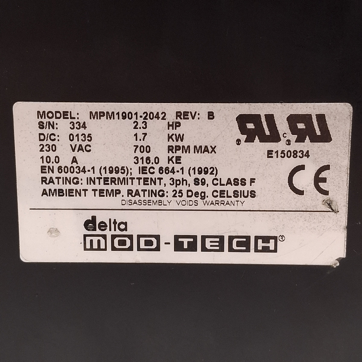 Used Delta Mod Tech MPM1901-2042 Servo Motor 2.3HP/1.7kW, 3Ø 230VAC 10A, 7.5in Flange