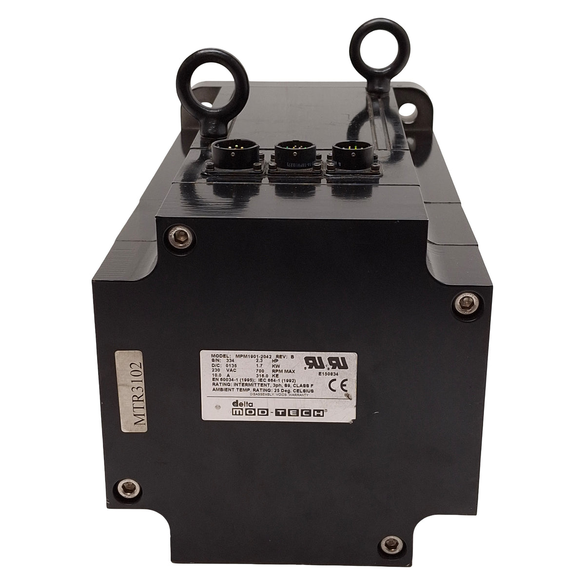 Used Delta Mod Tech MPM1901-2042 Servo Motor 2.3HP/1.7kW, 3Ø 230VAC 10A, 7.5in Flange