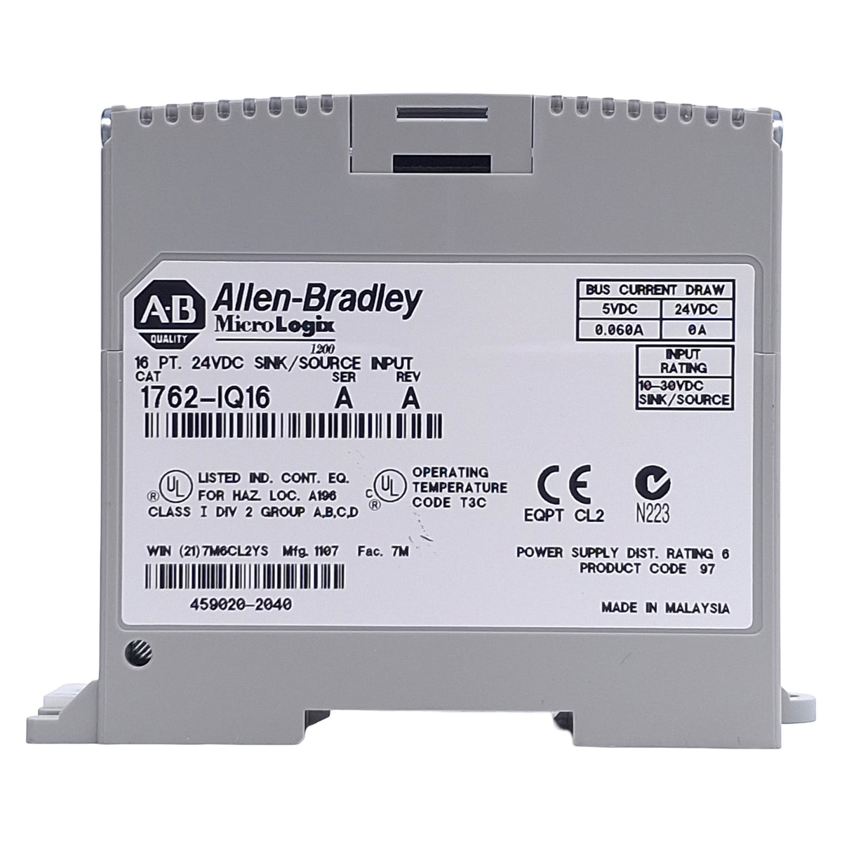 Used Allen Bradley 1762-IQ16 Ser A MicroLogix Digital Input Module 24VDC, 16-Point