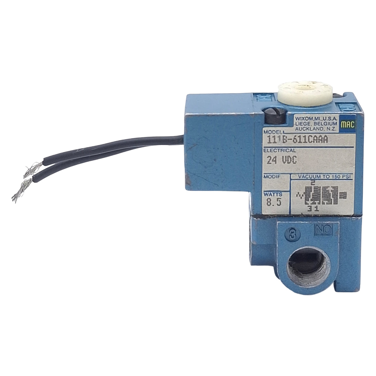 Used Mac 111B-611CAAA Solenoid Valve, 3/2 NO-NC, 1/8in NPT, Vac-150psi, 24VDC Coil