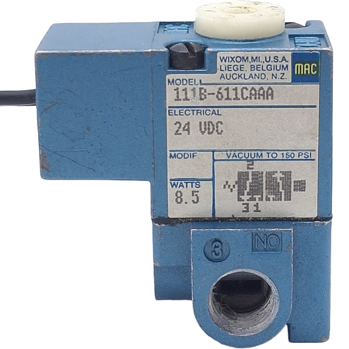 Used Mac 111B-611CAAA Solenoid Valve, 3/2 NO-NC, 1/8in NPT, Vac-150psi, 24VDC Coil