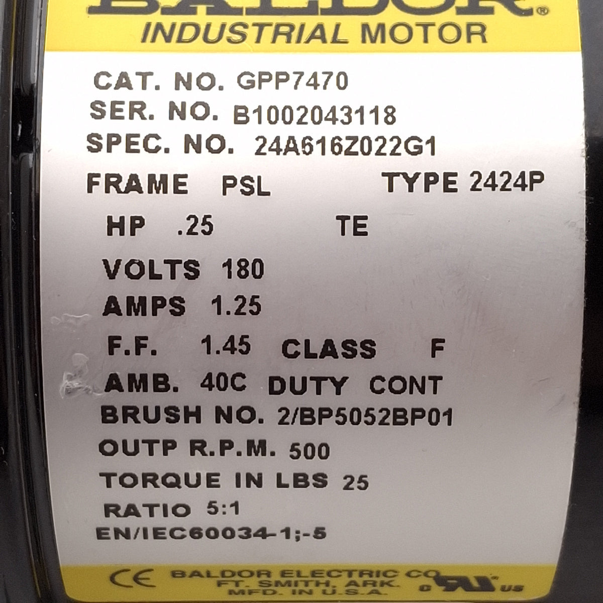New – Open box Baldor GPP7470 Gearmotor, 5:1, 1/4HP 180VDC 1.25A, 500rpm, 25in-lb, ø3/4in Shaft