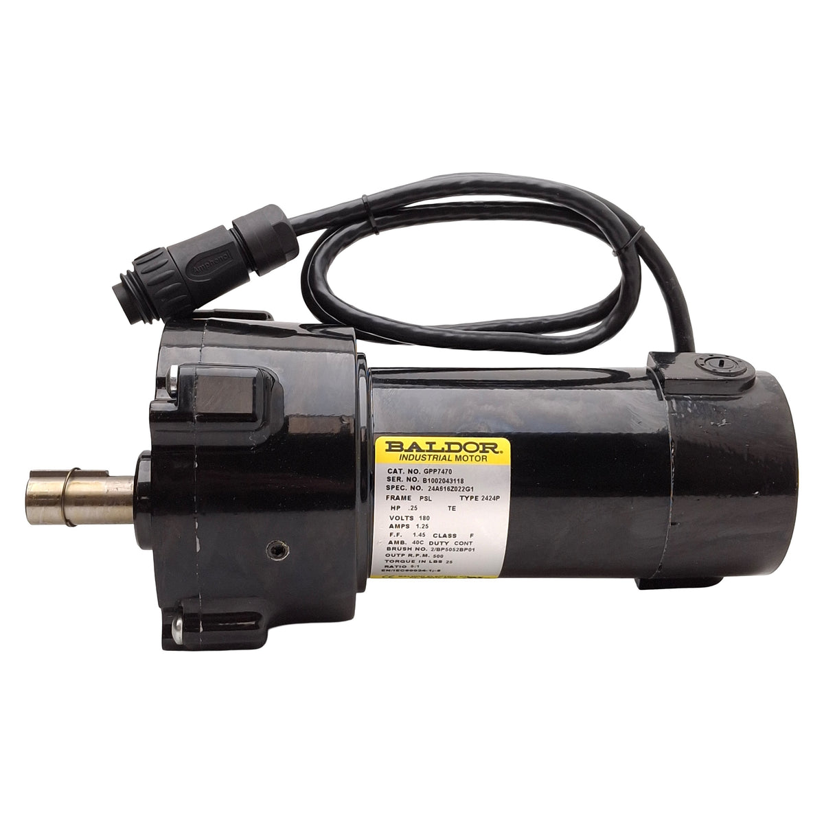 New – Open box Baldor GPP7470 Gearmotor, 5:1, 1/4HP 180VDC 1.25A, 500rpm, 25in-lb, ø3/4in Shaft
