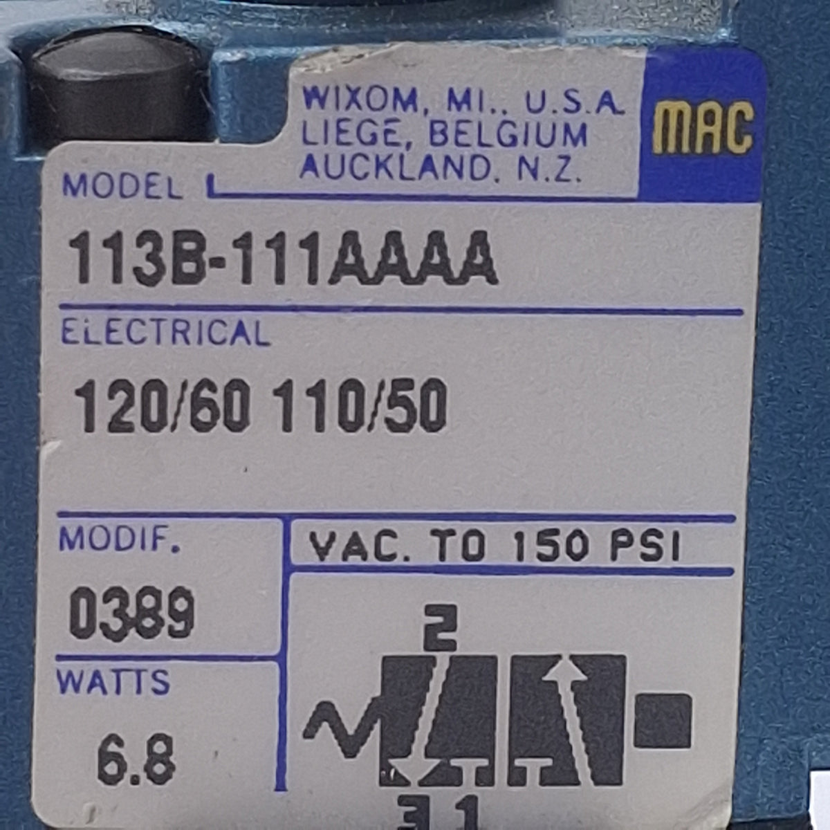 Used Mac 113B-111AAAA Solenoid Valve, 3/2 NO-NC, 1/4in NPT, 150psi, 110/120VAC Coil