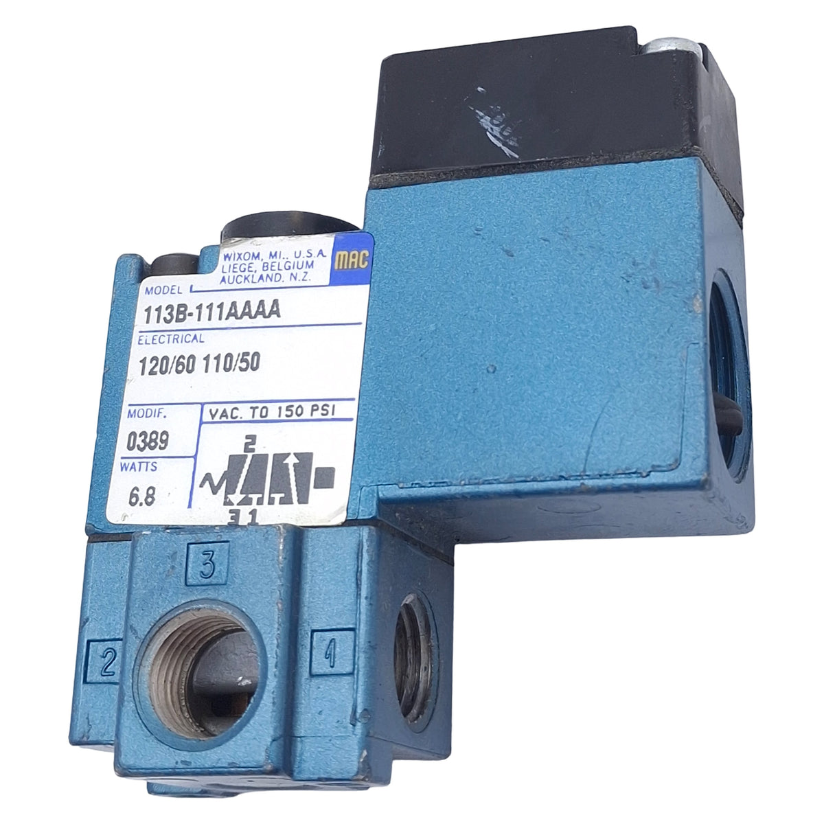 Used Mac 113B-111AAAA Solenoid Valve, 3/2 NO-NC, 1/4in NPT, 150psi, 110/120VAC Coil