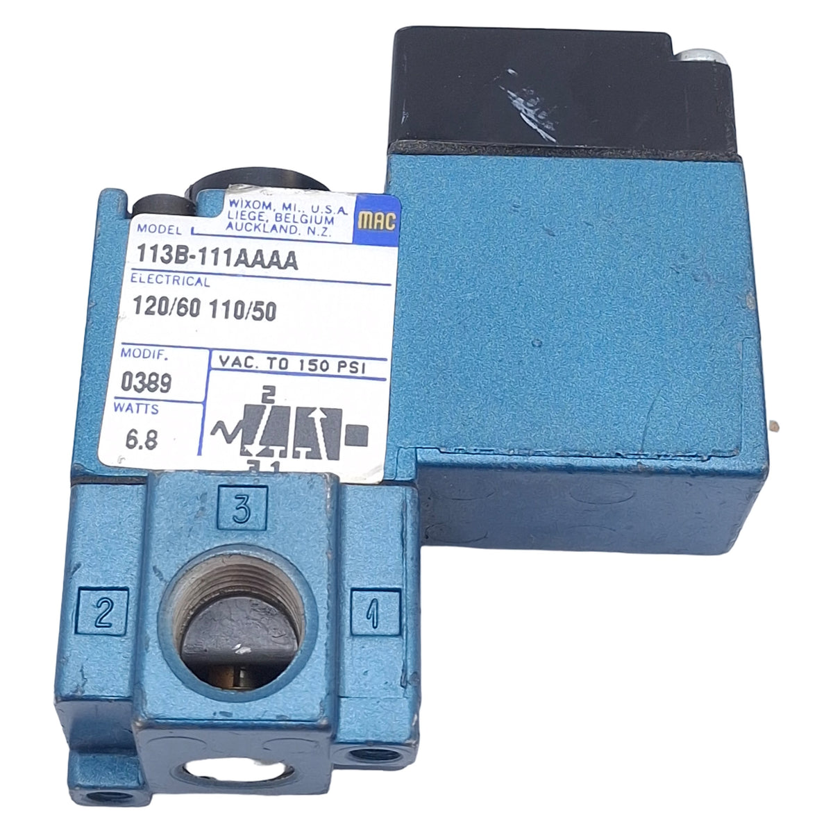Used Mac 113B-111AAAA Solenoid Valve, 3/2 NO-NC, 1/4in NPT, 150psi, 110/120VAC Coil