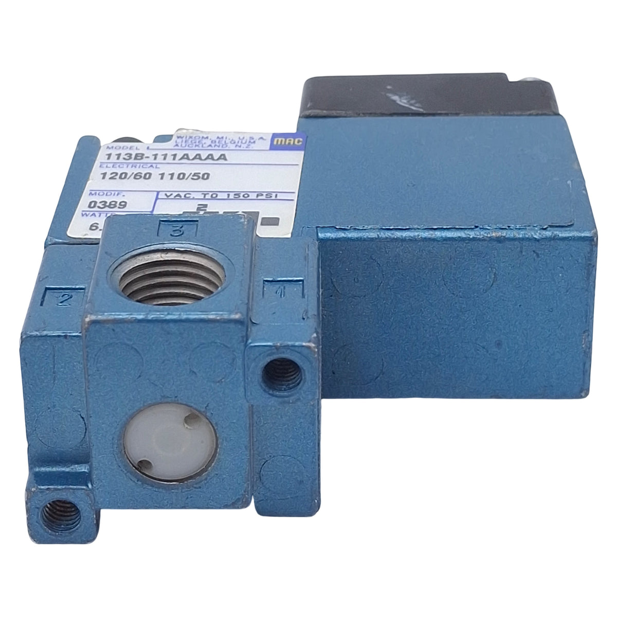 Used Mac 113B-111AAAA Solenoid Valve, 3/2 NO-NC, 1/4in NPT, 150psi, 110/120VAC Coil