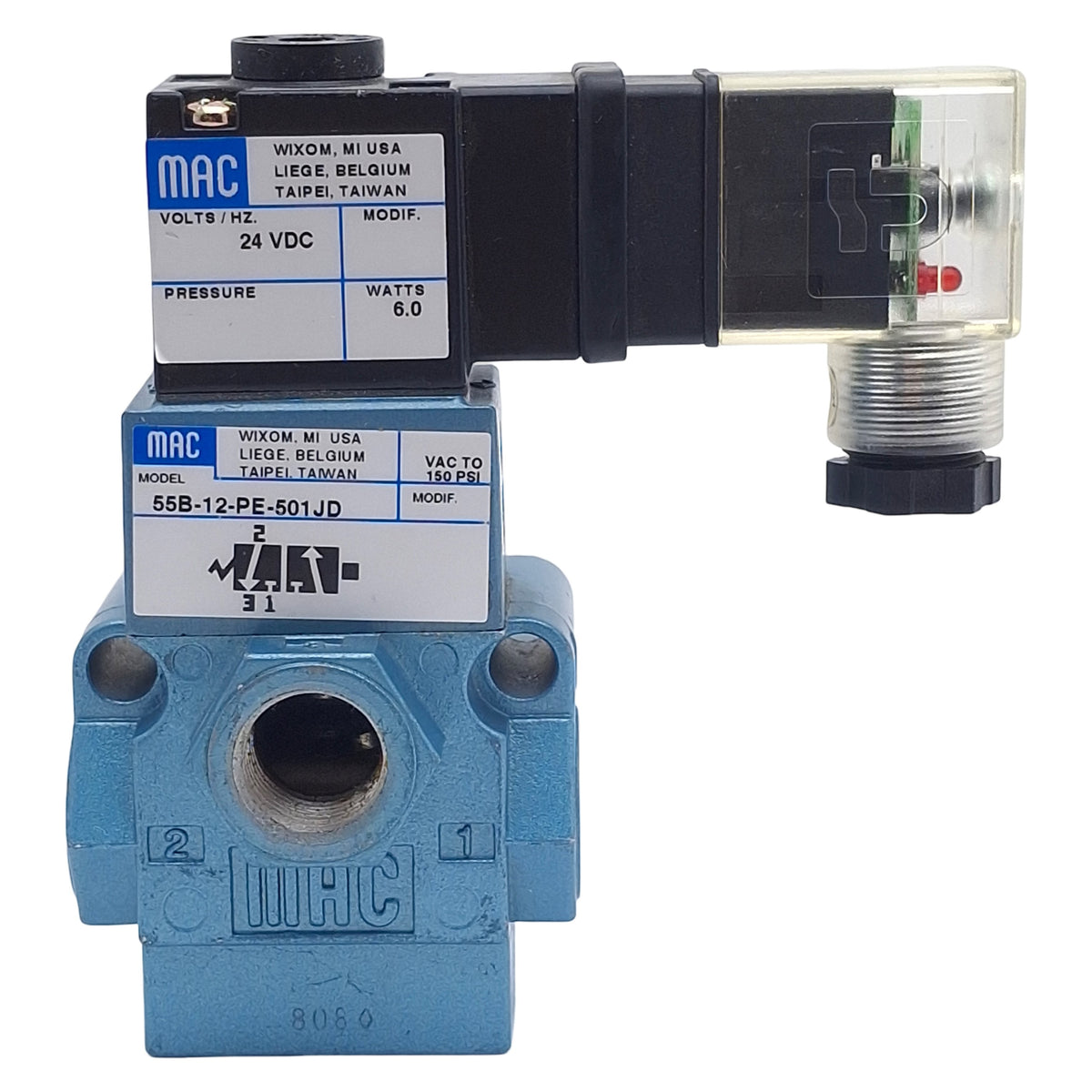Used Mac 55B-12-PE-501JD Solenoid Valve, 3/2 NO-NC, 3/8in NPT, 150psi, 24VDC Coil